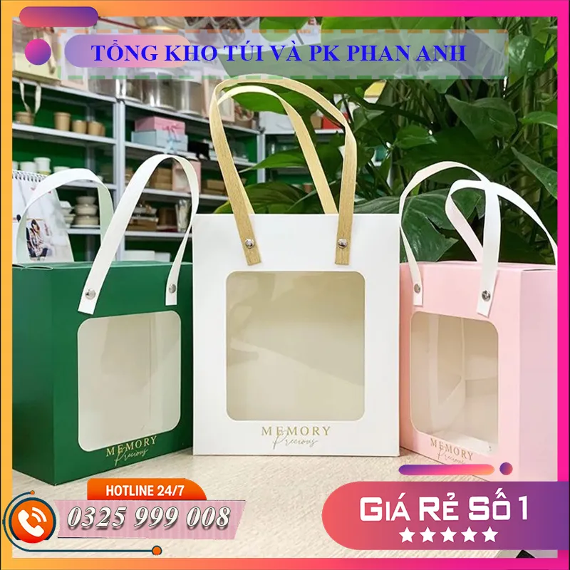 Hộp giấy cửa sổ quai xách nhiều màu đựng quà tặng