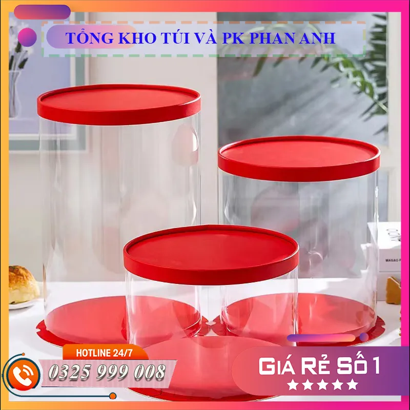 Hộp mica trụ tròn đỏ đựng bánh sinh nhật/ quà Tết/ gấu bông