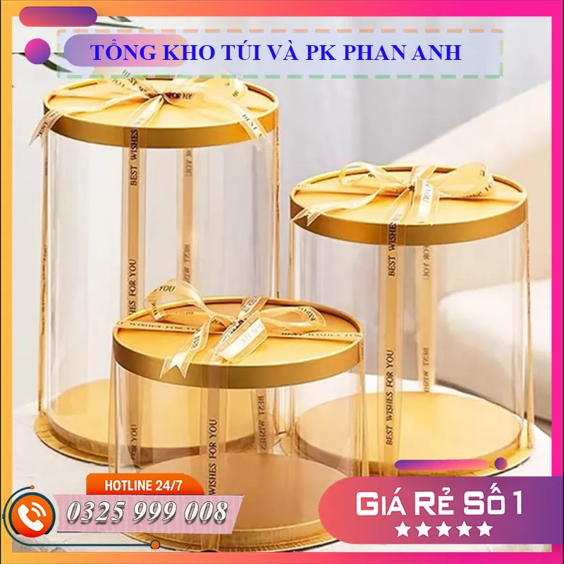 Hộp mica trụ tròn vàng đựng bánh/quà tặng