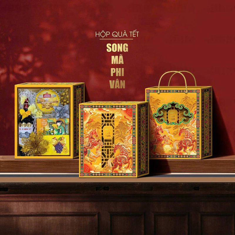 Hộp tết song mã phi vân màu vàng