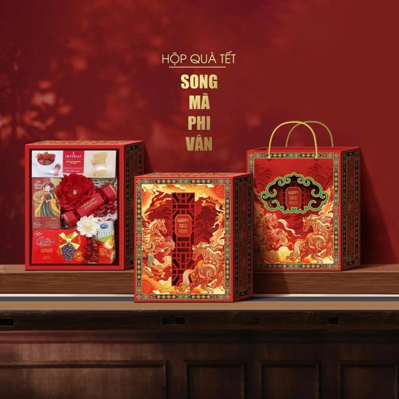 Bộ Hộp Tết Song Mã Phi Vân màu đỏ